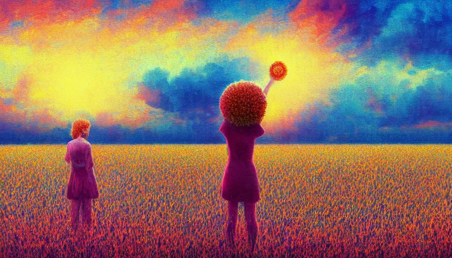 Image similar to daisy flower afro, full body, girl watching sunset, empty wheat field, surreal photography, colorful clouds, tree, impressionist painting, colorful clouds, digital painting, pointillism, artstation, simon stalenhag