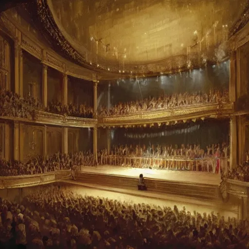 Prompt: painting by greg rutkowski, interior of an opera house with a singer in a white dress on a lighted stage with an orchestra and audience in the hall