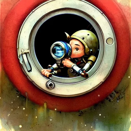 Image similar to adventurer ( ( ( ( ( 1 9 5 0 s retro future robot android time porthole portal window. muted colors. ) ) ) ) ) by jean baptiste monge!!!!!!!!!!!!!!!!!!!!!!!!! chrome red