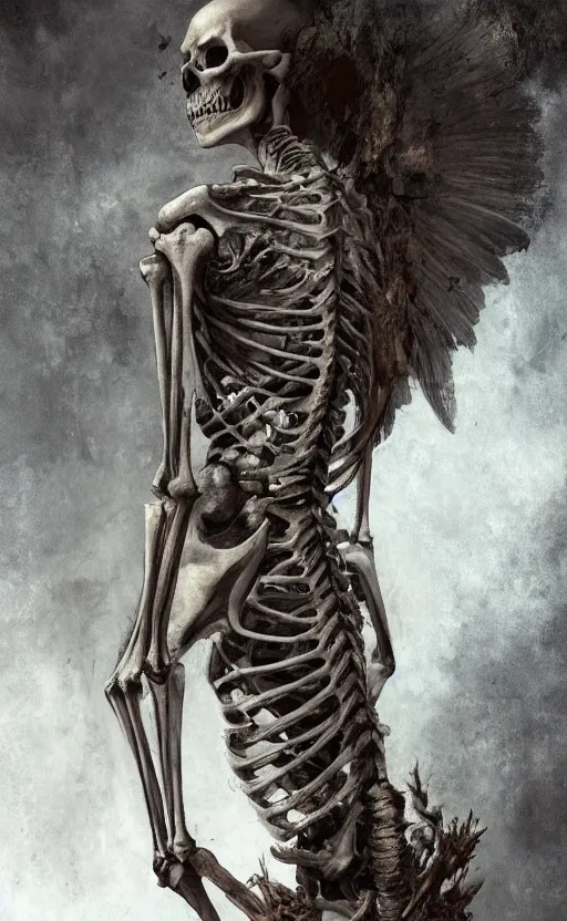 Prompt: full body skeleton angel,ribcage,bone wings,moth, 8k hyper detailed, high detail, artstation, rendering by octane, z brush, Seb Mckinnon