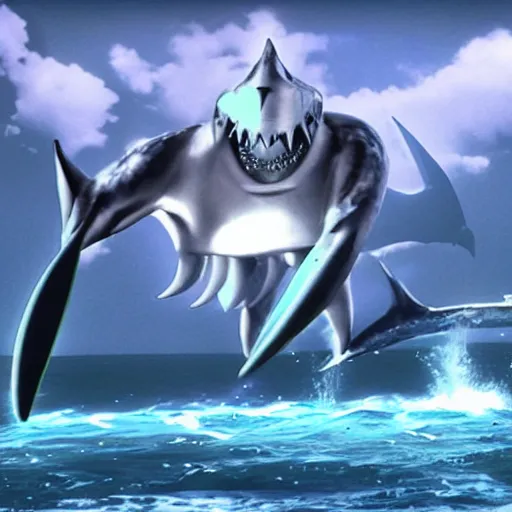 Image similar to low budget 3 d animation, a giant athletic sleek rounded humanoid mech fighting a giant shark kaiju monster in the ocean