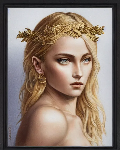 Image similar to front view of beautiful aphrodite greek goddess wearing a gold laurel wreath and triangle earrings, hyper - realistic tattoo sketch, beautiful piercing eyes with sharp pupils, beautiful blonde hair, in the style of greg rutkowski, fantasy, amazing detail, epic, elegant, smooth, sharp focus