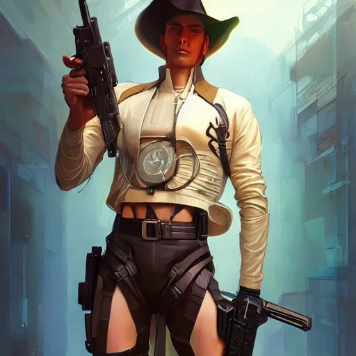 Image similar to a cyber cowboy holding a blaster, full-body shot, digital painting, smooth, elegant, hd, art by WLOP and Artgerm and Greg Rutkowski and Alphonse Mucha