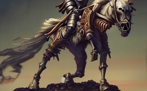 Prompt: A human knight riding a skeleton horse by Tony Sart, highly detailed, realistic, trending on ArtStation