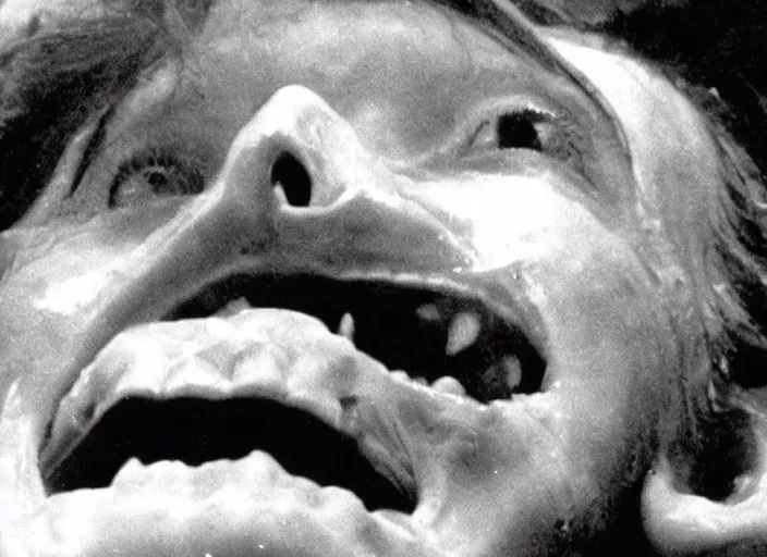 Image similar to disturbing 3 5 mm footage of exploded head crooked teeth blood horror film practical fx by david cronenberg 1 9 7 0
