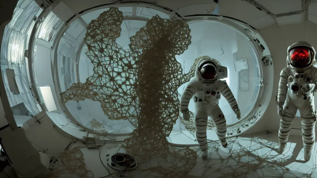 Prompt: a cybernetic symbiosis of a single astronaut eva suit made of wearing knitted yarn thread infected with diamond 3d fractal lace iridescent bubble 3d skin covered with insectoid compound eye camera lenses floats through the living room, film still from the movie directed by Denis Villeneuve with art direction by Salvador Dalí, wide lens,