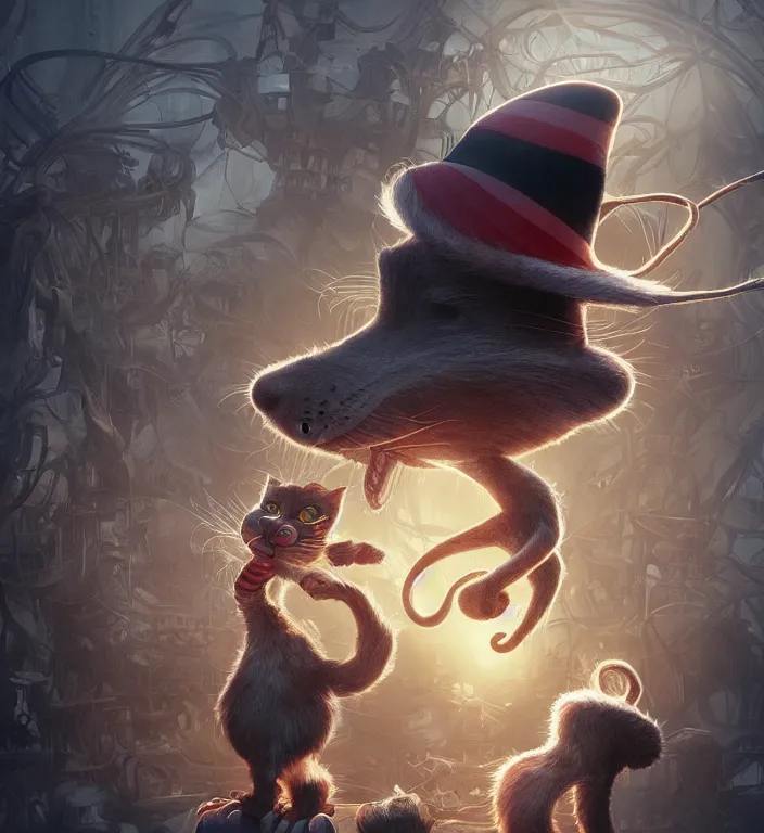 Prompt: complex 3 d render, hyper detailed, ultra sharp, of the cat in the hat, scary, trippy, cinematic, natural soft light, rim light, art by greg rutkowski and artgerm and android jones, dr seuss