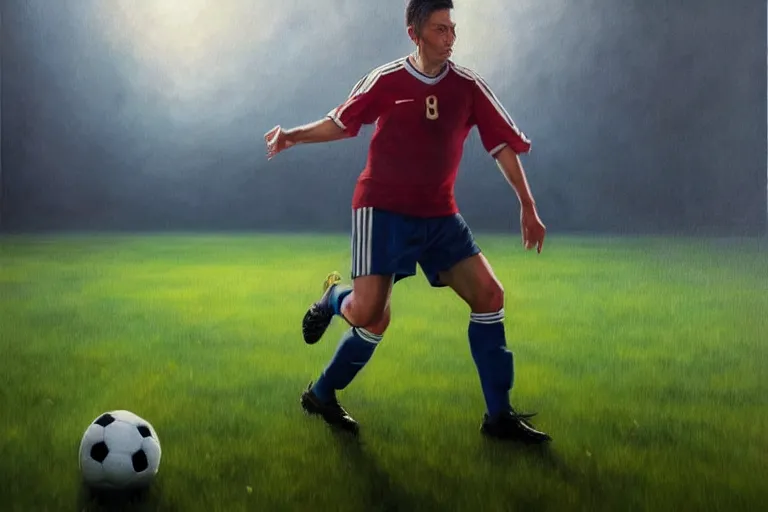 Image similar to ( ( a beautiful 8 k photorealistic masterpiece oil painting ) ( of ( a man playing soccer in age of empire game ) ) ) ( hyperrealism ) ( 1 6 k ) ( trending on artstation )
