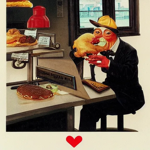 Image similar to pepe working at mcdonalds by norman rockwell