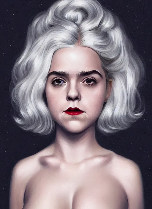 Image similar to full body portrait, kiernan shipka as sabrina spellman, white hair, obese, bangs, sultry, realistic, sultry smirk, fluffy bangs, curly bangs, fat, belly, intricate, elegant, highly detailed, digital painting, artstation, concept art, smooth, sharp focus, illustration, art by wlop, mars ravelo and greg rutkowski