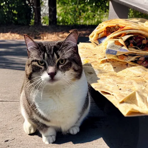 Prompt: photograph of a very fat cat sitting on a parkbench surrounded by burrito wrappers