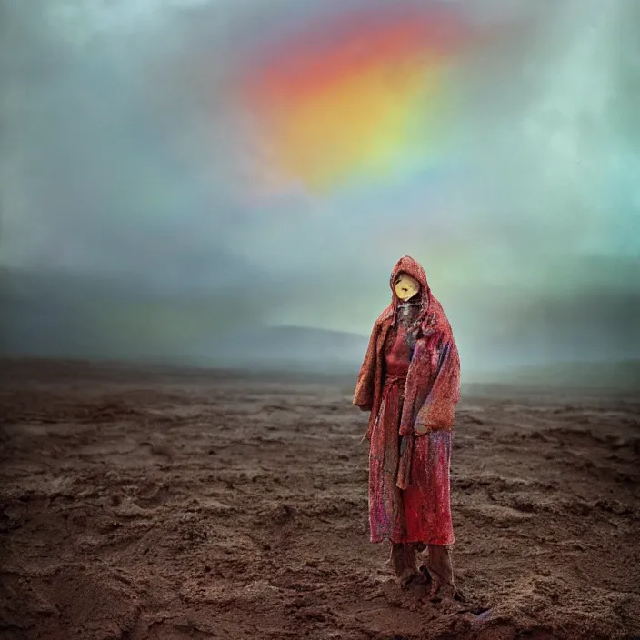 Image similar to closeup portrait of a woman with a hood made of rainbows and mud, standing in an apocalyptic landscape, by Annie Leibovitz and Steve McCurry, natural light, detailed face, CANON Eos C300, ƒ1.8, 35mm, 8K, medium-format print