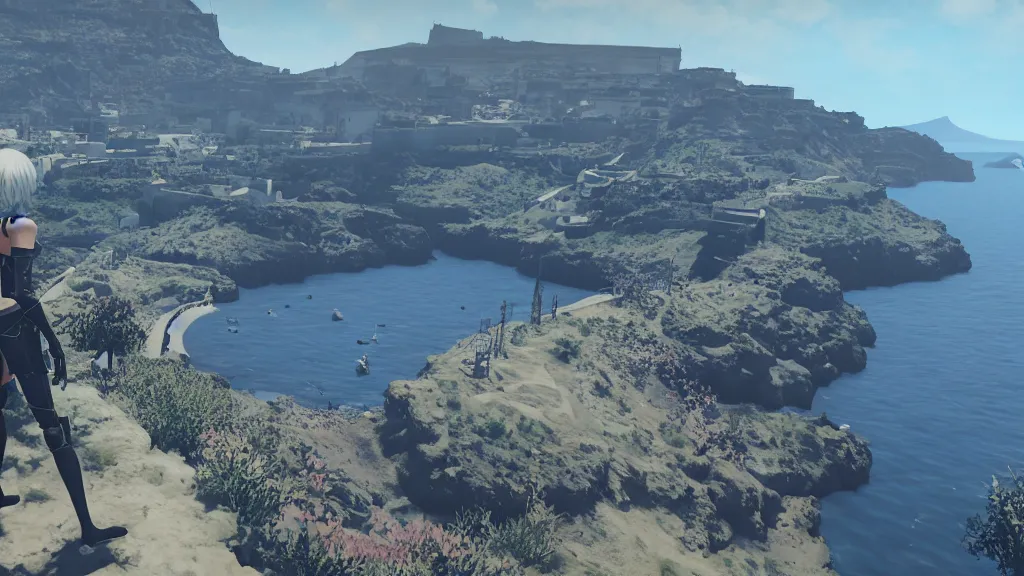 Image similar to Screenshot from Nier Automata, beautiful landscape in Santorini