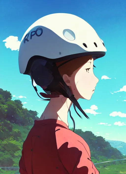 Image similar to portrait of cute girl riding mountain bike, sunny sky background, downhill landscape, illustration concept art anime key visual trending pixiv fanbox by wlop and greg rutkowski and makoto shinkai and studio ghibli and kyoto animation, symmetrical facial features, sports clothing, mountain bike helmet, backlit, realistic anatomy