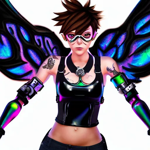 Image similar to portrait bust digital artwork of tracer overwatch, wearing black iridescent rainbow latex tank top, 4 k, expressive happy smug expression, makeup, in style of mark arian, angel wings, wearing detailed black leather collar, chains, black leather harness, detailed face and eyes,