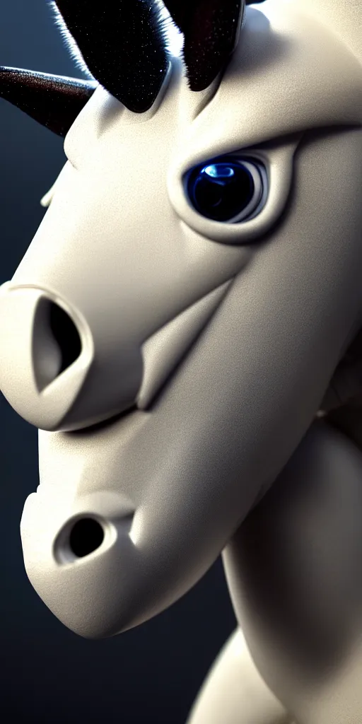 Image similar to hyper detailed ultra sharp portrait of a beautiful fashionable porcelain ivory cyberpunk scifi robo donkey with glowing eyes and steam coming out of the nostrils, up close shot, sharp focus, global illumination, radiant light, black haute couture, alexandre ferra, irakli nadar, octane render, 4 k, ultra hd,