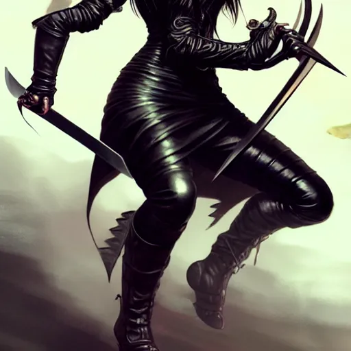 Prompt: an action photo of a black haired woman in a black leather jacket in a swordfight, muscular upper body, abs, d & d, fantasy, intricate, elegant, highly detailed, digital painting, artstation, concept art, smooth, sharp focus, illustration, art by artgerm and greg rutkowski and alphonse mucha