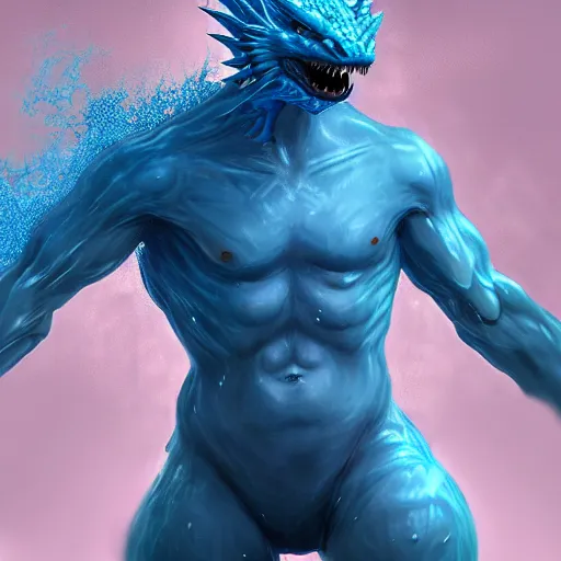 Prompt: man getting hit by a small wave of blue goo, transforming him into a human - dragon - hybrid, digital art, concept art, trending on artstation, gooey, very detailed, 8 k hd, d & d