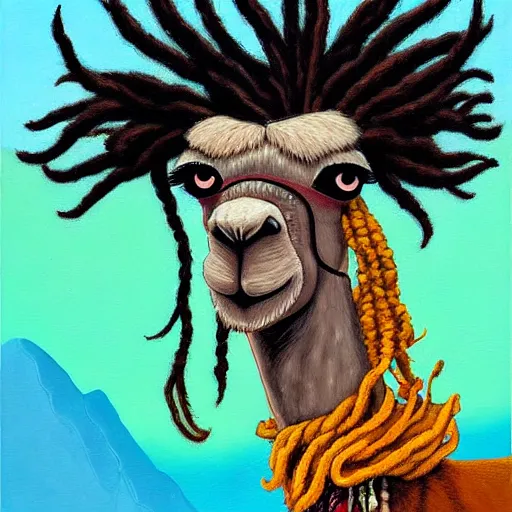 Prompt: llama with dreadlocks, an oil painting by Asaf Hanuka