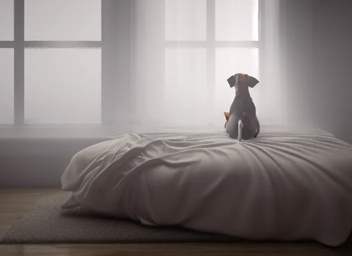 Image similar to photography of a Jack Russel watching outside the window on a bed in a 3d rendered white room, octane render, 3d, foggy, volumetric light, volumetric fog, photorealistic, unreal engine 5