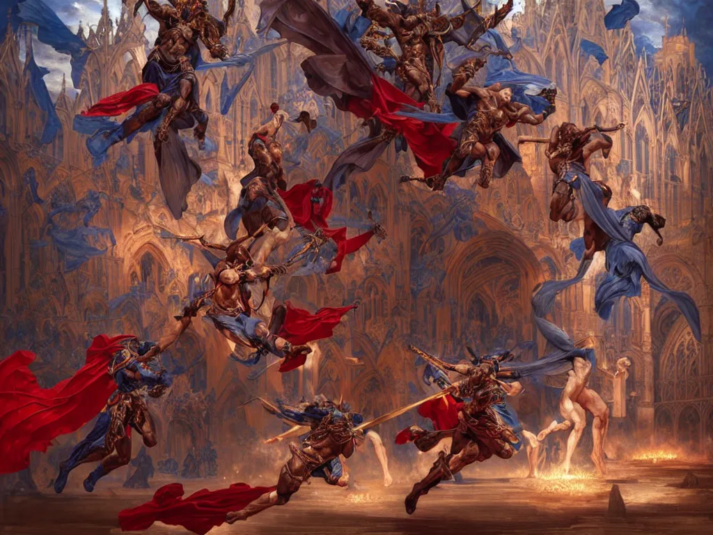 Prompt: epic battle between human warriors mages and demons, inside cathedrals and abbeys, fullbody!! dynamic action pose, religious, intricate, elegant, highly detailed, digital painting, artstation, concept art, smooth, sharp focus, red and blue color scheme, illustration, art by artgerm and greg rutkowski and alphonse mucha