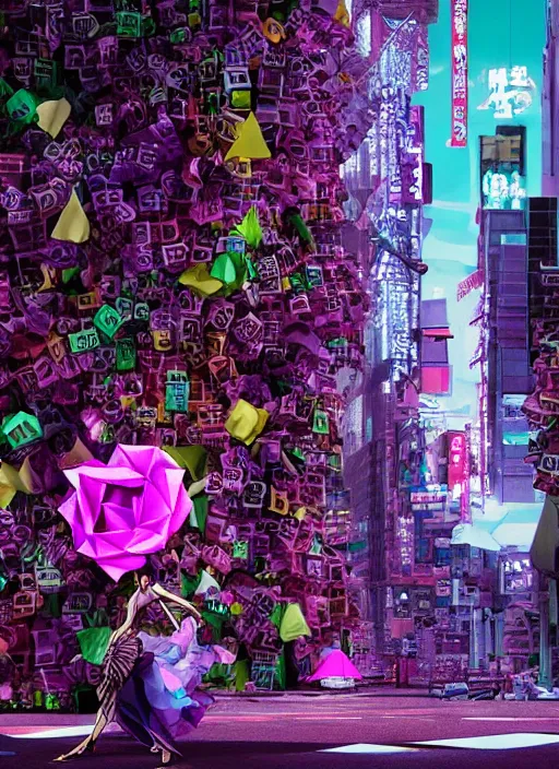 Image similar to downtown tokyo made out of newspaper and neon lights, beautiful anthropomorphic purple squid woman wearing a flowing paper dress and posing, paper origami, many origami roses, city background, heavenly light, 3 d, very detailed, octane render, trending artstation, artgem