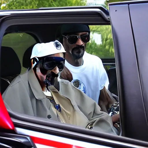 Image similar to Snoop Dogg is sitting in a police car wearing a cap C-11