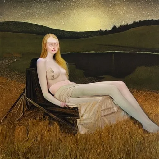 Prompt: a striking hyper real painting of Elle Fanning with cybernetics, starlit night, campfire, by Andrew Wyeth