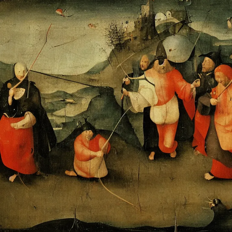 Prompt: The medium shot of three sarcastic mans with fishes running away with a small profit of money, thinking they've made a great deal by Hieronymus Bosch, super detailed oil painting, 4k, masterpiece