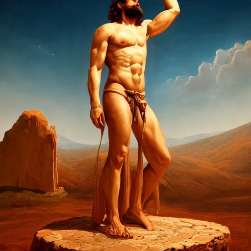 Prompt: realistic painting of a huge greek god standing in the middle of a surreal environment by michael whelan, ultra realistic, 8 k, trending on artstation, octane renderer, mesmerizing, aesthetic, beautiful