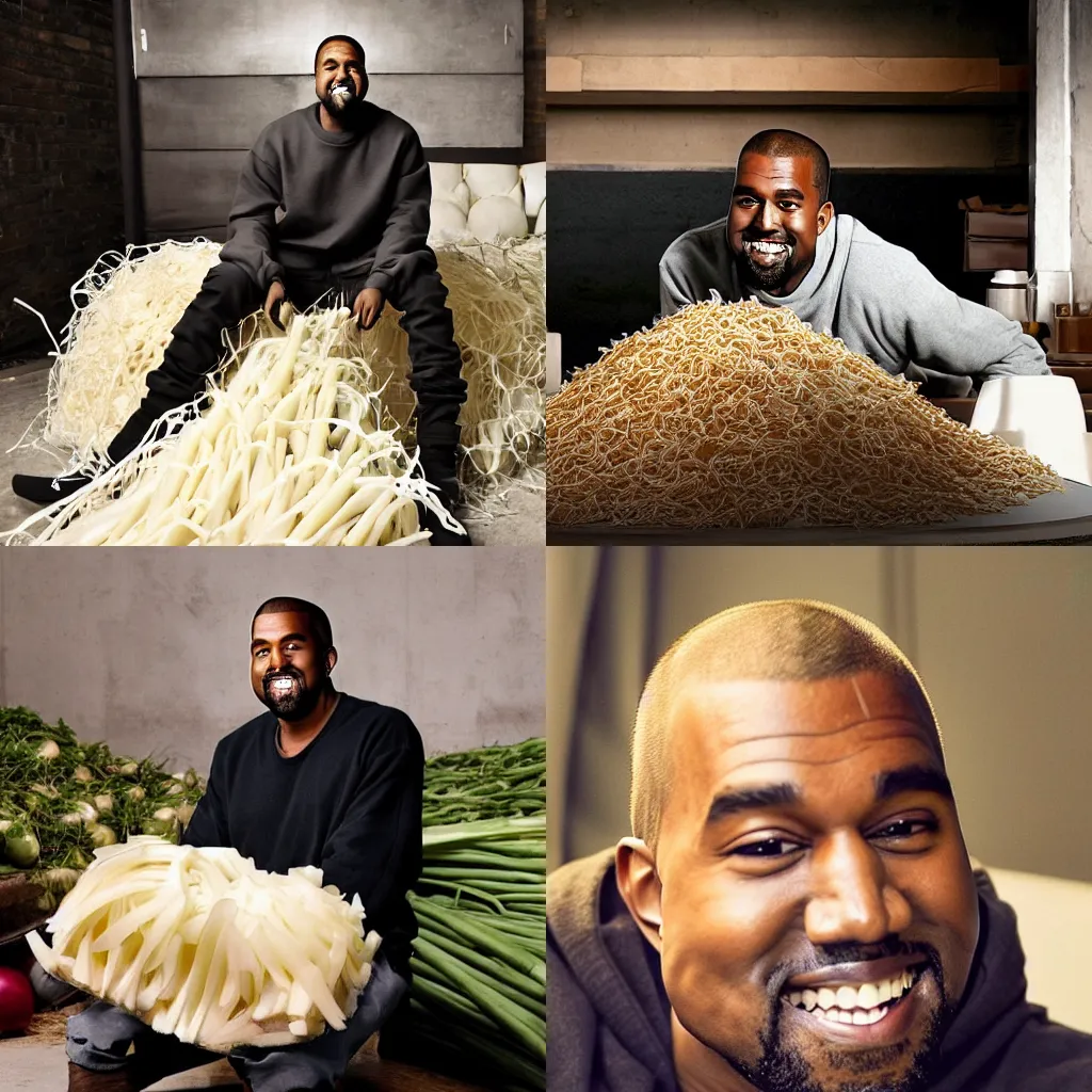 Prompt: Kanye West smiling as he sits in a big pile of onions in his bedroom, !!!cyberpunk dystopia!!!