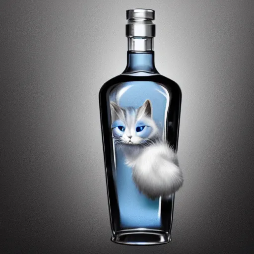 Prompt: fluffy blue cat in the bottle of whiskey, ultra details, artstation trendings, rendering by octane, black and white photo