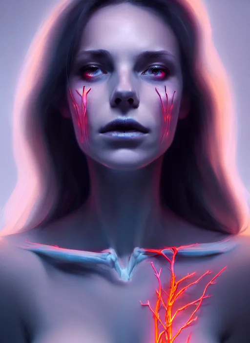 Prompt: portrait female posing sensual figure x - ray, skeletal, glowing veins under translucent skin, highly detailed skin, bouquet of daggers, windy, stormy sky, bioluminescent, plasma, greg rutkowski, 8 k trending on artstation,