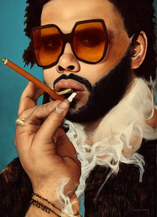 Prompt: the weeknd wearing sunglasses and smoking by giuseppe arcimboldo, brown skin, classical painting, digital painting, romantic, vivid color, tropical background