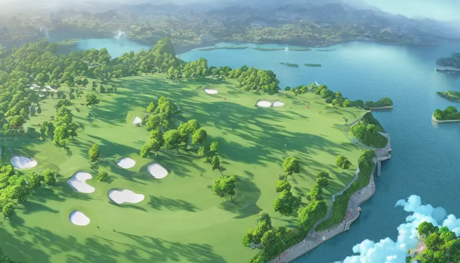 Prompt: A highly detailed matte painting of biggest golf course in the world, by Studio Ghibli, Makoto Shinkai, by Artgerm, by beeple, volumetric lighting, octane render, 4K resolution, trending on artstation, masterpiece