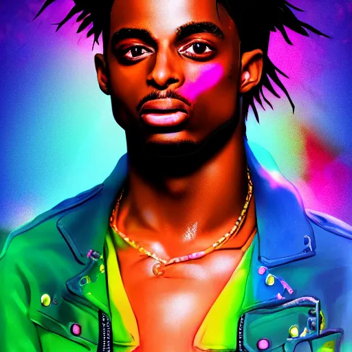 Image similar to playboi carti, photorealistic, detailed face, full body shot, 8 k, hd, neon colors, over saturated colors, wok, cluttered background with hype things, mumble,