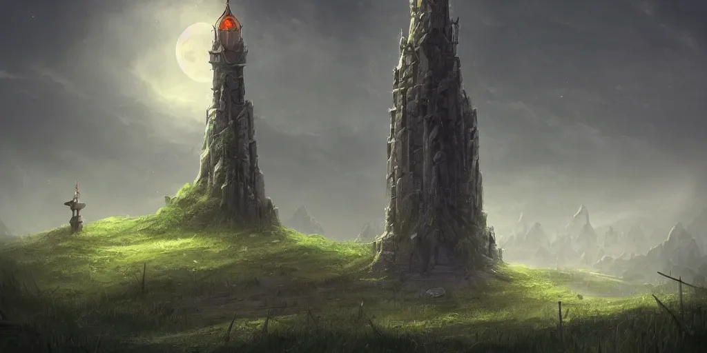 Image similar to The single lonesome grand wizard tower by Tyler Edlin and Raphael Lacoste, fantasy art, green fields in the background, wide angle, cinematic composition, dark moody lighting, moon in the sky