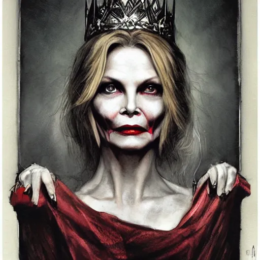 Image similar to portrait of Michelle Pfeiffer as evil vampire queen shoeing her sharp teeth wearing a dark crown by Tom Bagshaw and Guy Denning, rim light