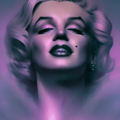 Image similar to long Shot of psychedelic Marilyn Monroe standing in misty chromatic astral temple , stylish, lsd, soft, trending on artstation, cinematic, artwork by WLOP