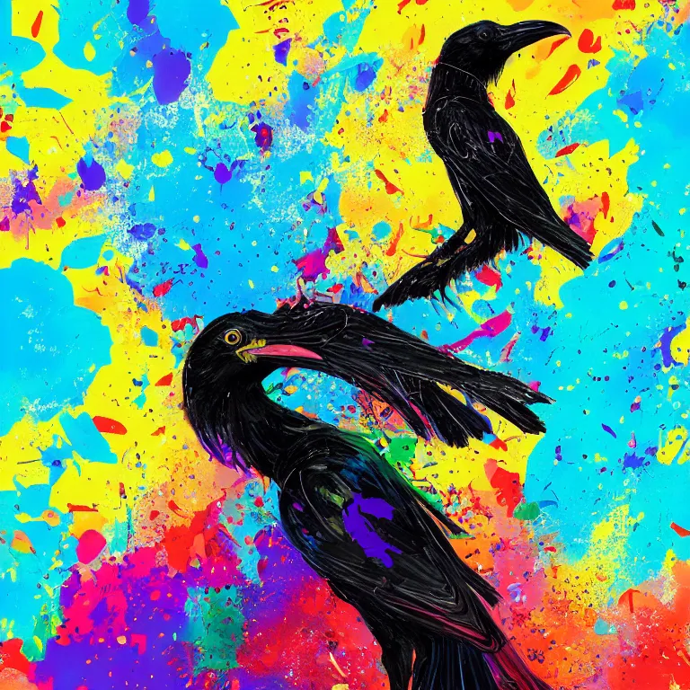 Image similar to colorful illustration of black raven bird in headphones, colorful splatters, by andy wrahol and zac retz and kezie demessance