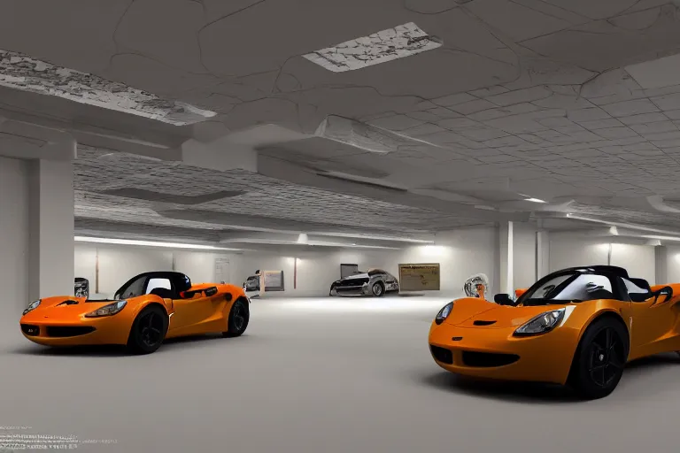 Image similar to highly detailed underground parking garage showcasing one only one single lone sparkly orange Lotus Elise, fluorescent ceiling lights, by Beeple and Syd Meade, concept art, octane render, 8k HDR, artstation