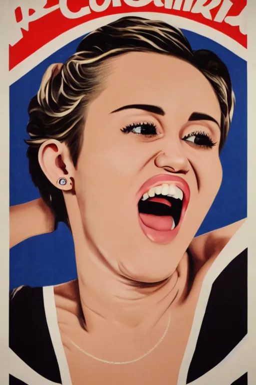 Image similar to propaganda poster, miley cyrus, close up, portrait, shouting