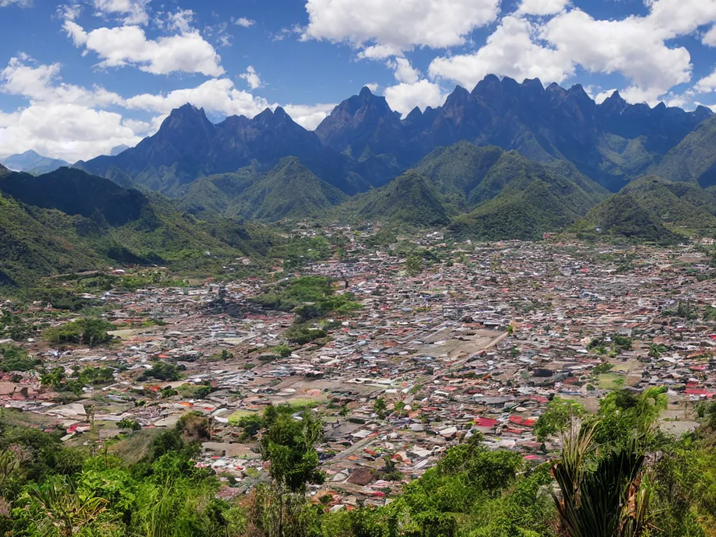 Prompt: south american city market in a valley with mountains