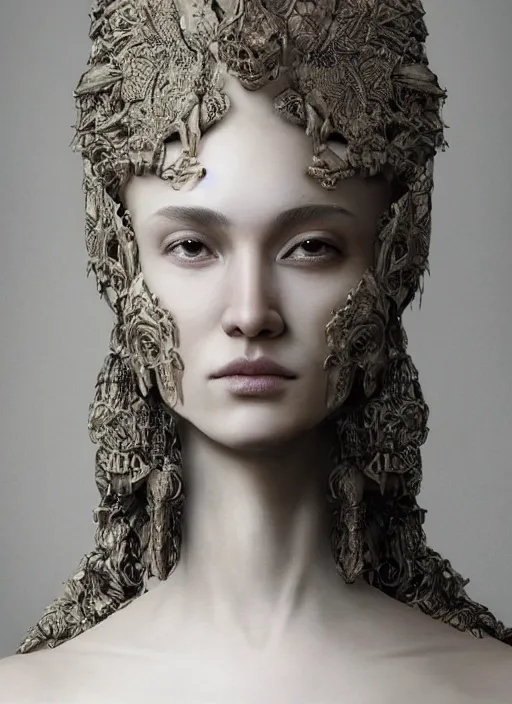 Image similar to sculpture made of wood, portrait, female, future, shaman, harper's bazaar, vogue, magazine, concept art, close up, ornate, luxury, elite, elegant, trending on artstation, by ruan jia, by Kenneth Willardt, by ross tran, by WLOP, by Andrei Riabovitchev,