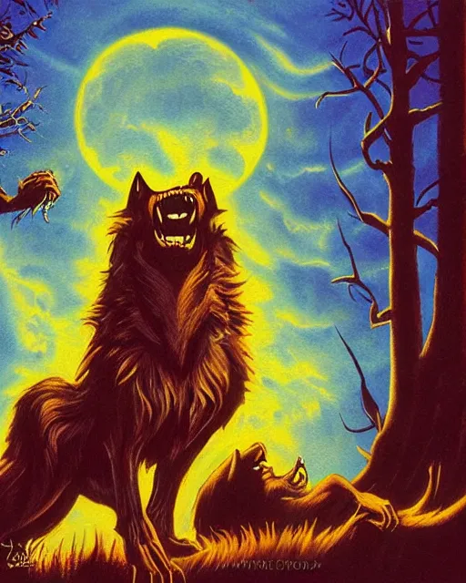 Prompt: werewolf howling, airbrush, drew struzan illustration art, key art, movie poster