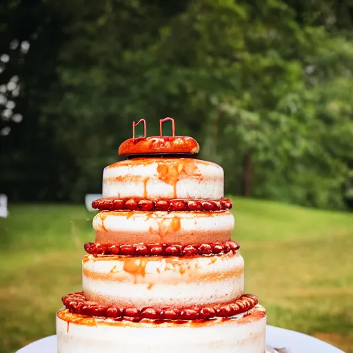 Image similar to a wedding cake made entirely out of meat and sausages with ketchup sauce. During wedding. Highly detailed 8k