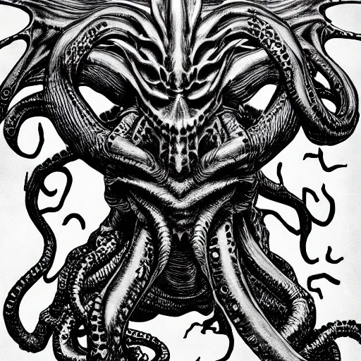 Image similar to Cthulhu by Kentaro Miura, highly detailed, black and white