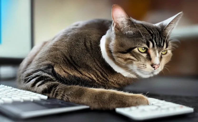 Prompt: a cat playing on a gaming computer, realistic, dark, rgb