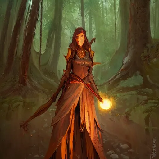 Prompt: beautiful earthen sorceress wearing wooden armor in wooded forest casting spell comic style by greg rutkowski painting