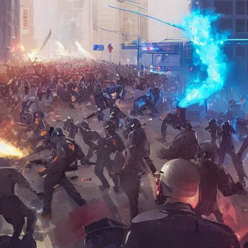 Image similar to protesters clashing with police, detailed digital illustration by greg rutkowski, android netrunner